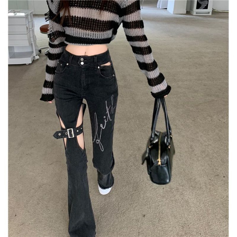 Black High Waist Hollowed-Out Ripped Denim Jeans for Women