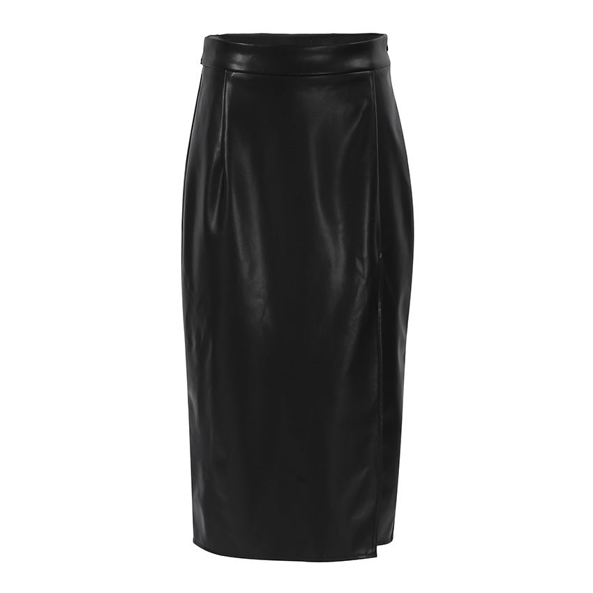 Black PU Leather High Waist Mid-Length Slit Skirt