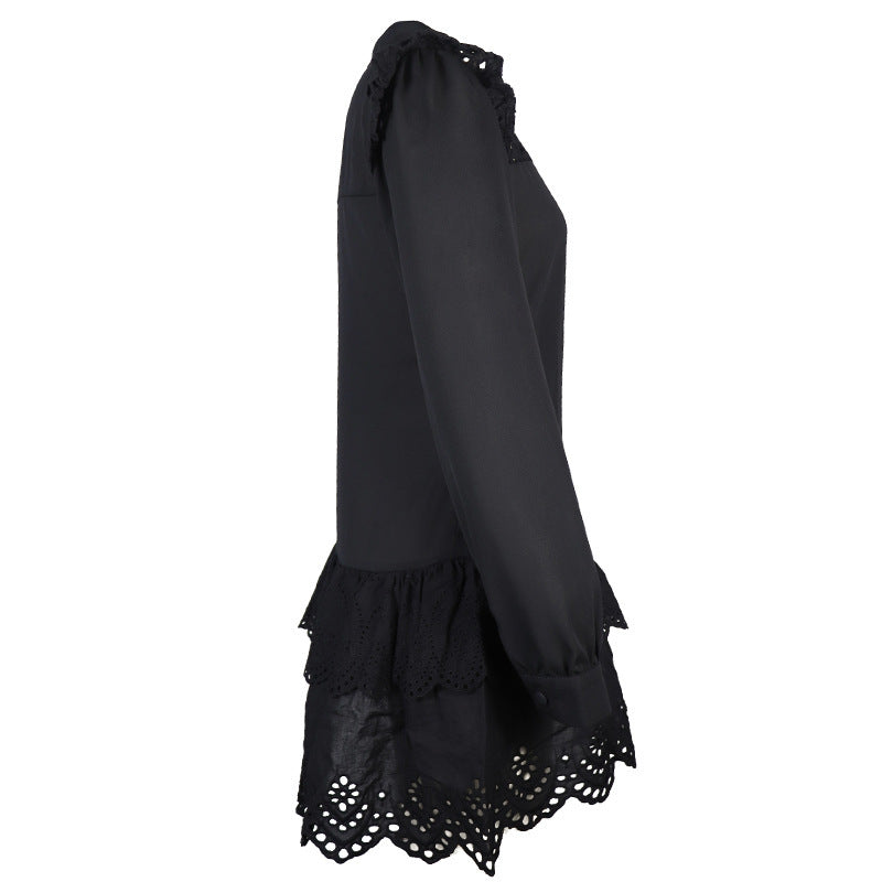 Women's Hollowed-Out Lace A-Line Shirt Dress in White & Black