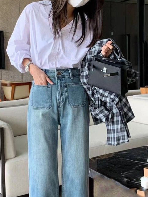 Light Blue High Waist Wide-Leg Jeans for Women Petite Slimming Nine-Point