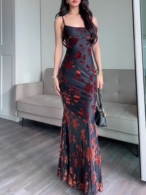 Flocked Slim Fit Strappy Maxi Dress