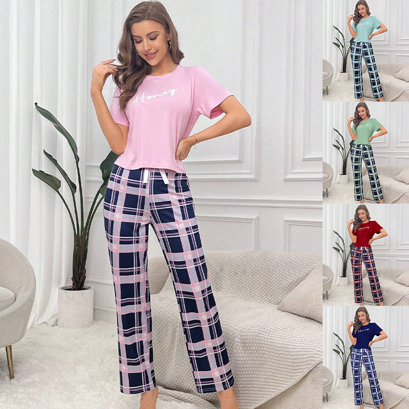 Short Sleeve Plaid Cropped Pants Casual