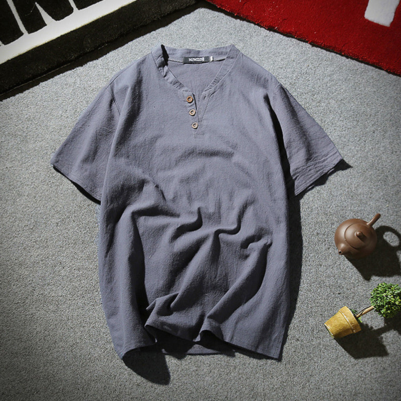 T-shirt décontracté à manches courtes en coton et lin de couleur unie