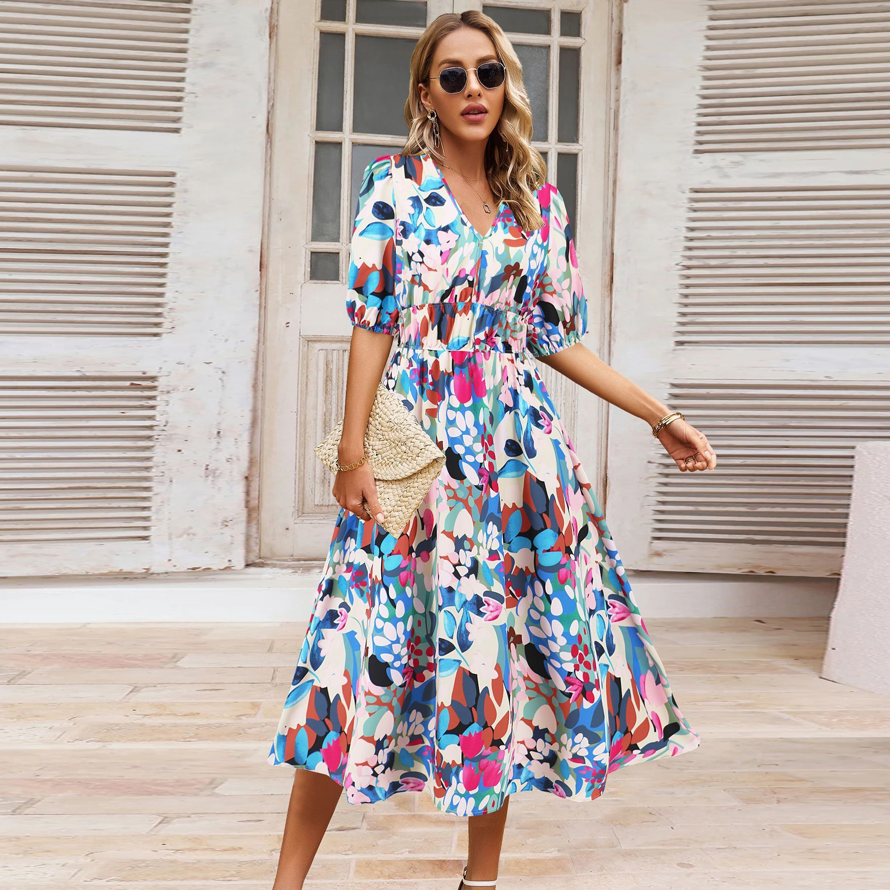Robe d'été femme col en V imprimé floral bohème avec manches bouffantes