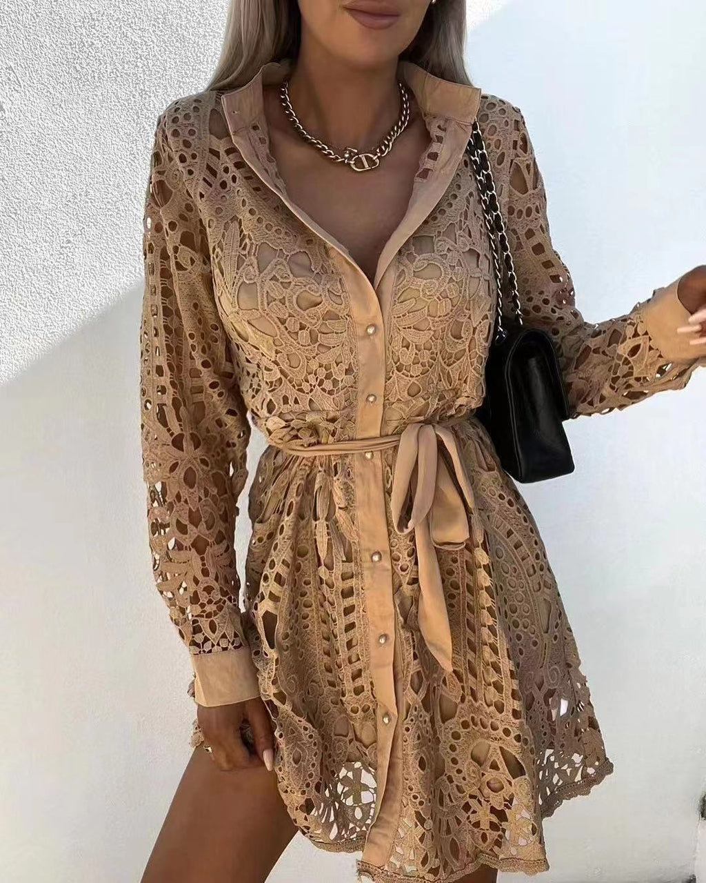 Elegant Temperament Lace Mini Dress with Belt