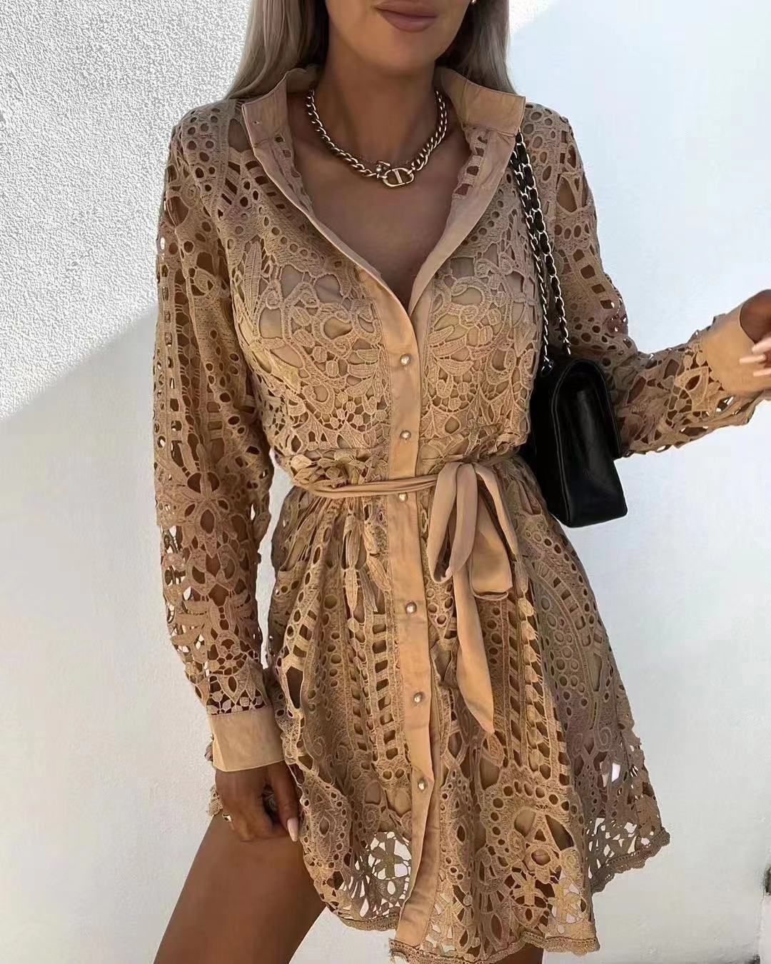 Elegant Temperament Lace Mini Dress with Belt