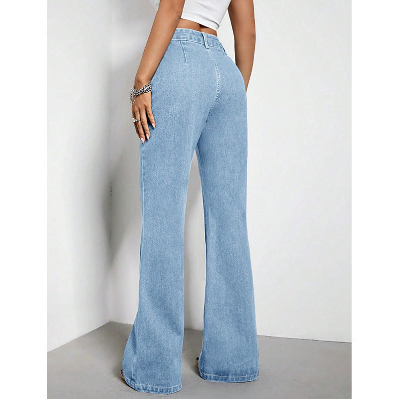 Pantalon Large en Jean Taille Haute Bleu Clair pour Femme