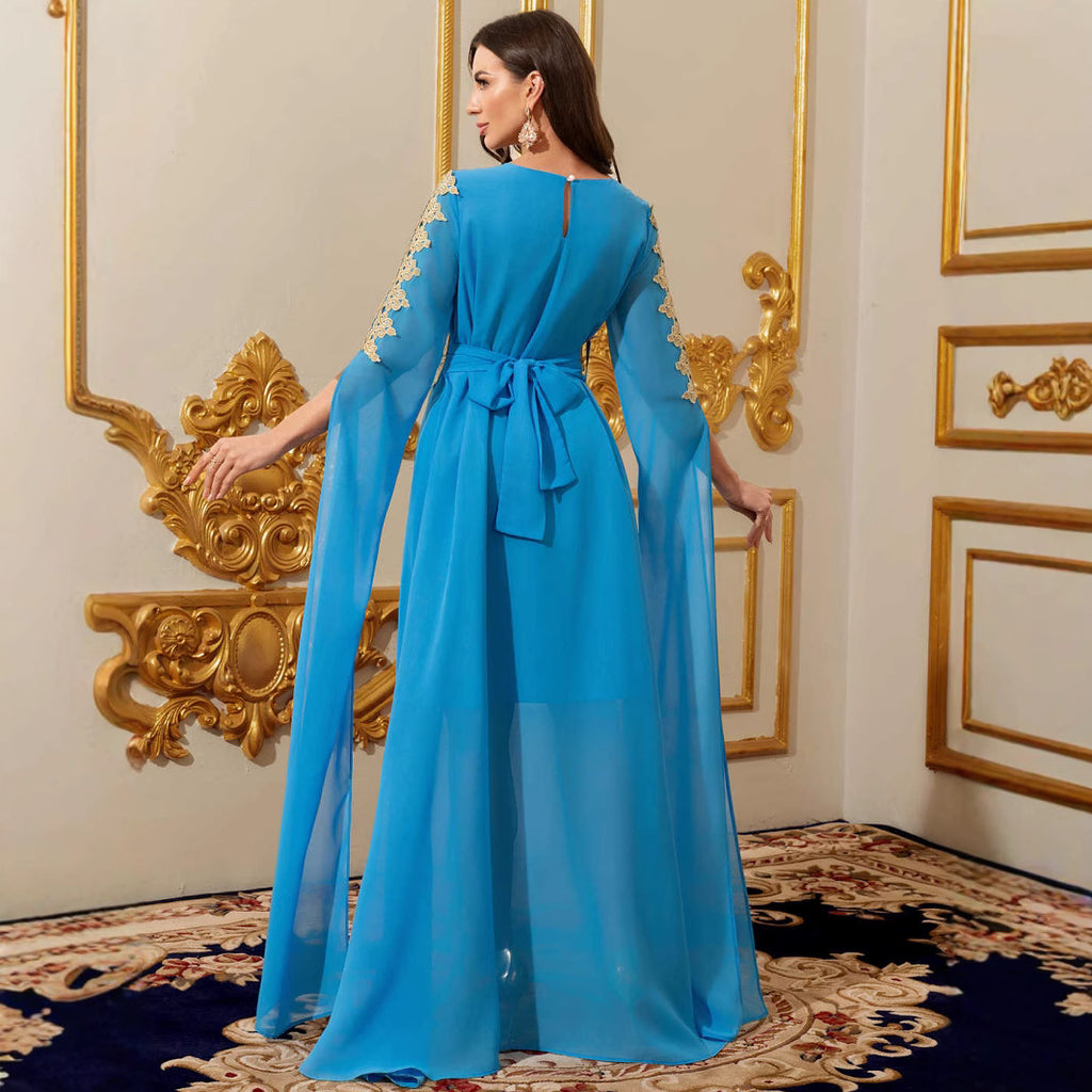 Middle East Women's Blue Lace Patchwork Long Dress with Half Sleeves