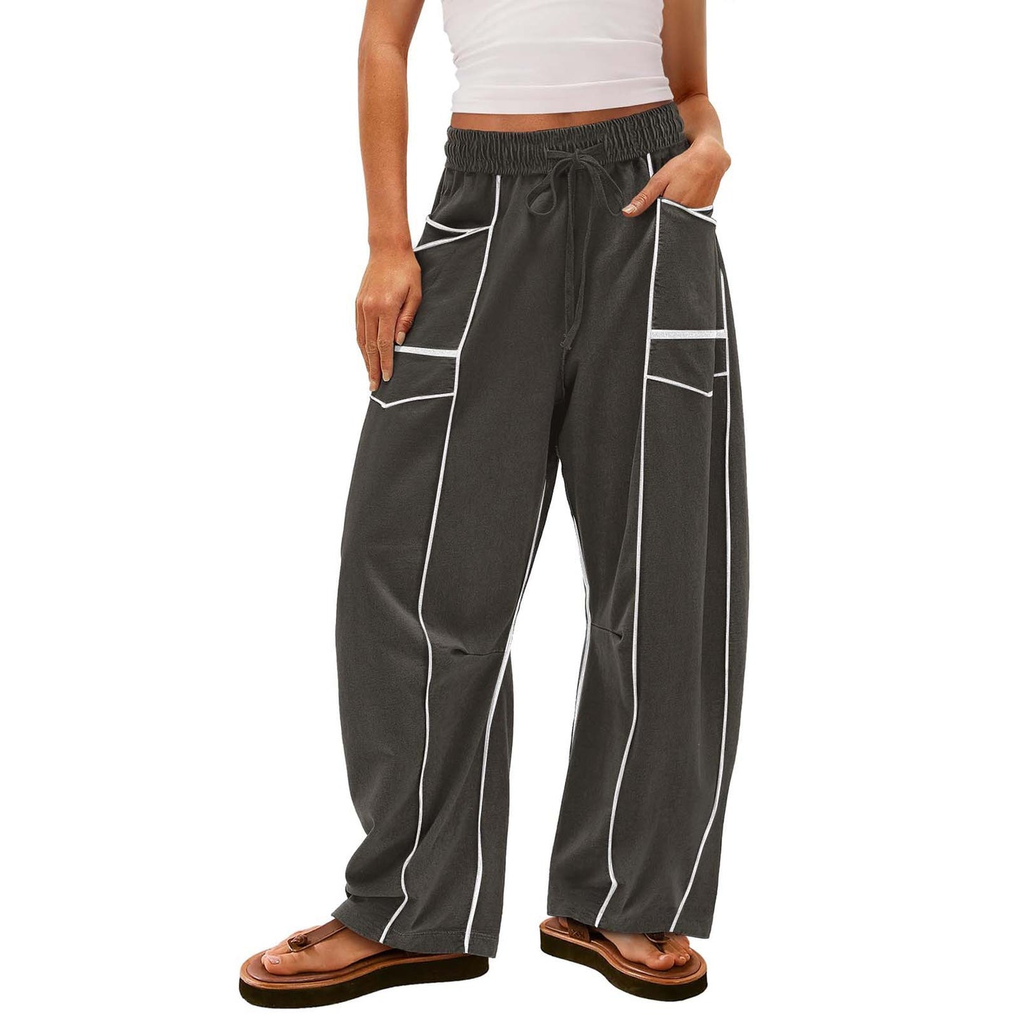 Y2K Black Striped Wide-Leg Cotton Pants with Pockets and Drawstring for Women