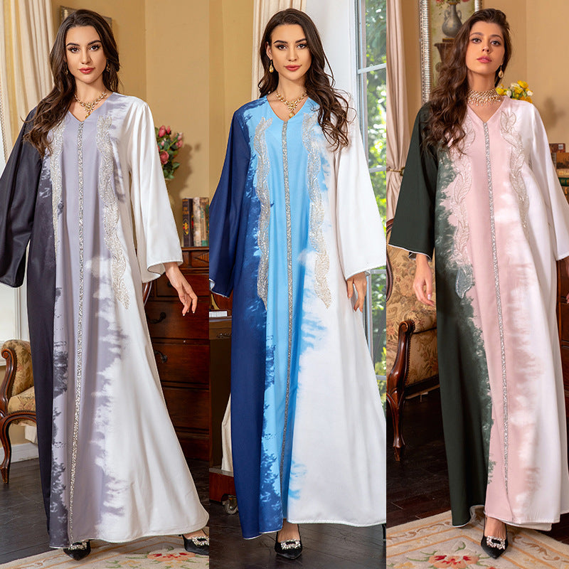 Robe musulmane brodée de perles, tie-dye et strass