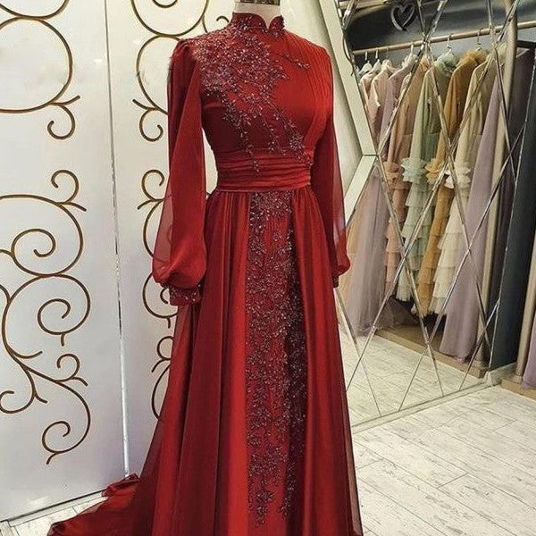 Robe de Soirée de Luxe à Manches Longues en Dentelle et Col Montant