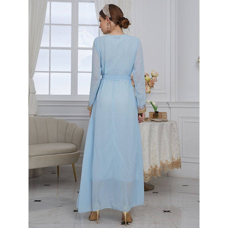 Solid Color Lace Patchwork Receive Waist Chiffon Blue Dress For Women