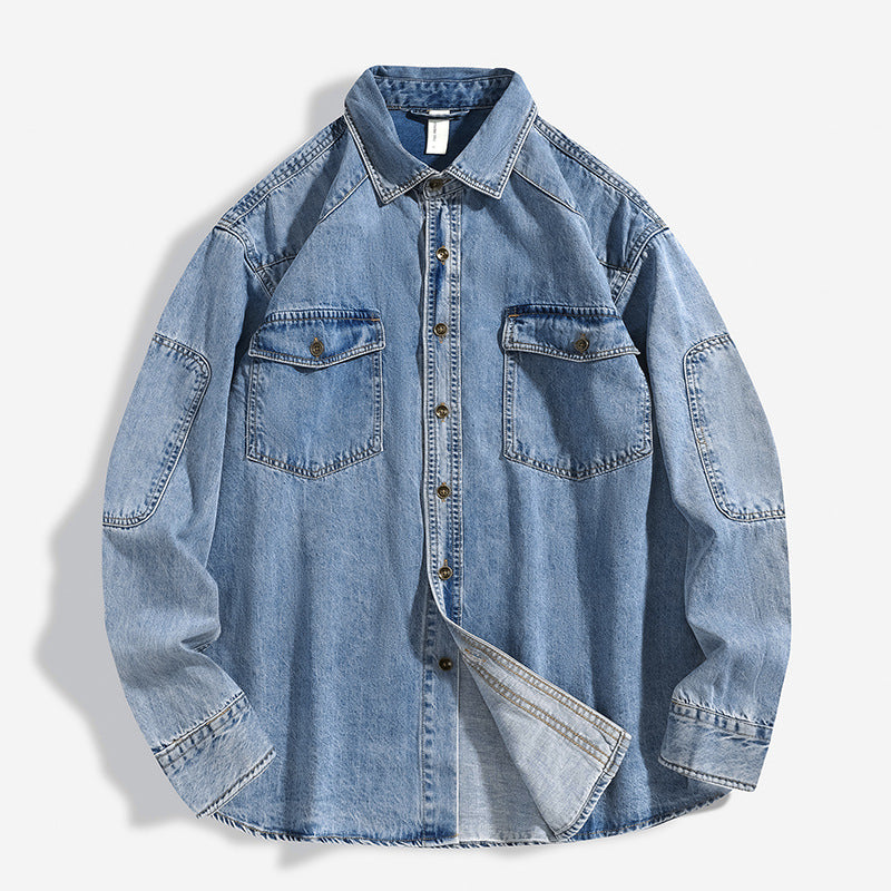 Cardigan Homme Lourd Délavé Ample Chemise Manteau en Coton Mélangé
