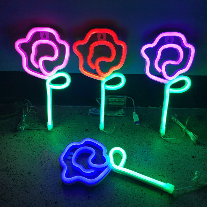 مصابيح نيون LED على شكل وردة لتزيين غرف النوم، تعمل بالبطارية ووصلة USB، مقاس 14x28 سم