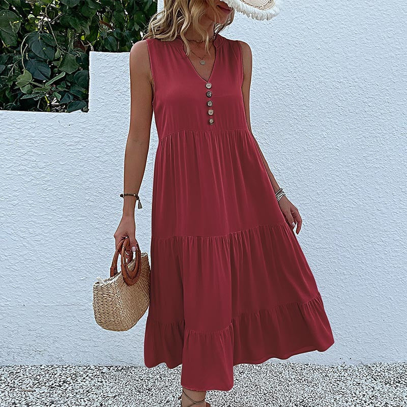 Sleeveless Loose Cotton Sundress Mid-Length Solid Colors