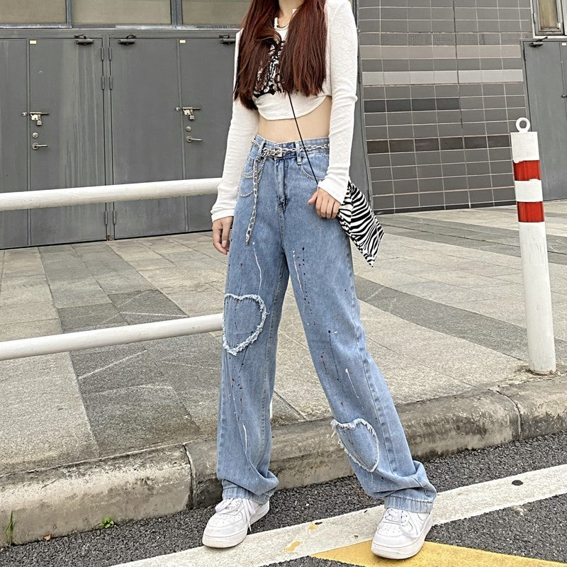 Brushed Heart Patch High Waist Straight Jeans