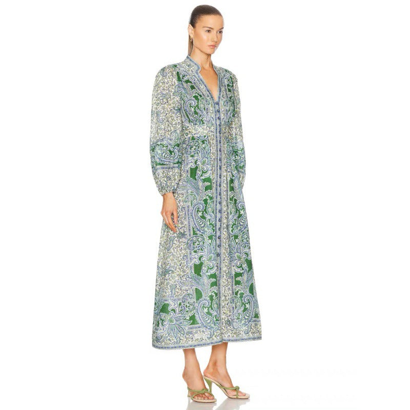 Robe longue boutonnée à motif géométrique rétro verte