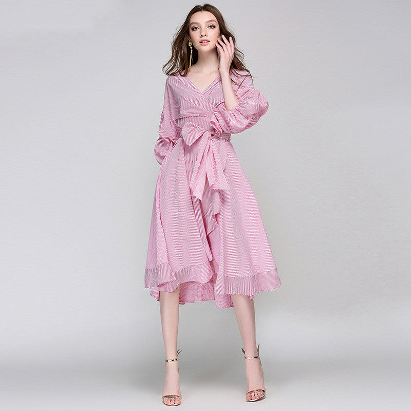 V-Neck Lace-Up Stripe Dress in Pink & Navy, S-XL