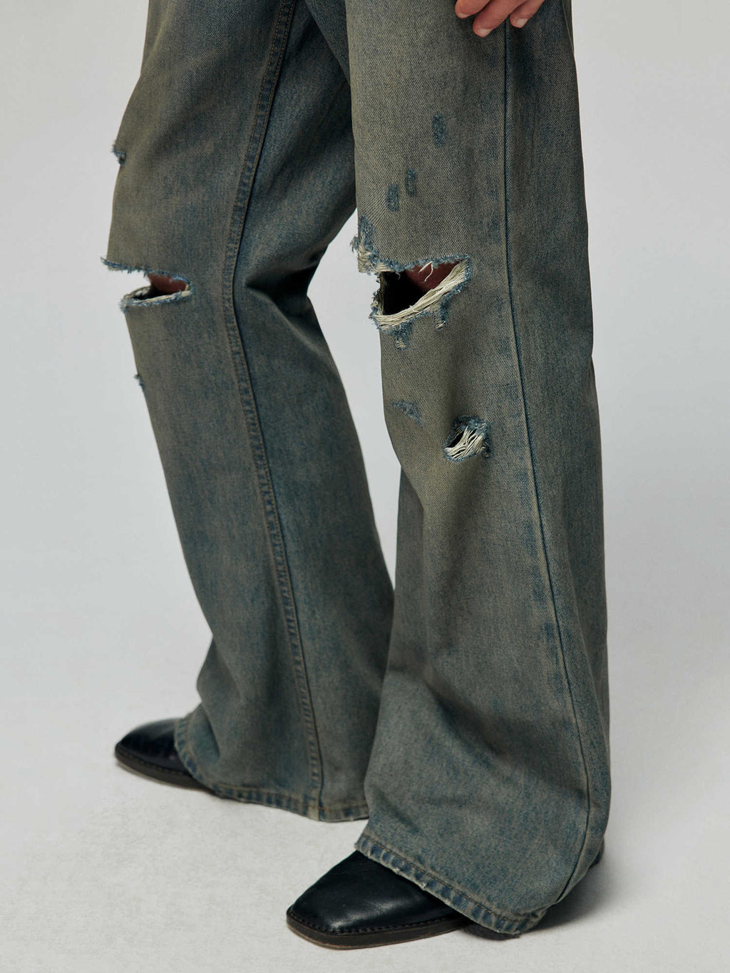Cotton Washed Blue Retro Ripped Loose Micro-Flared Jeans Trousers