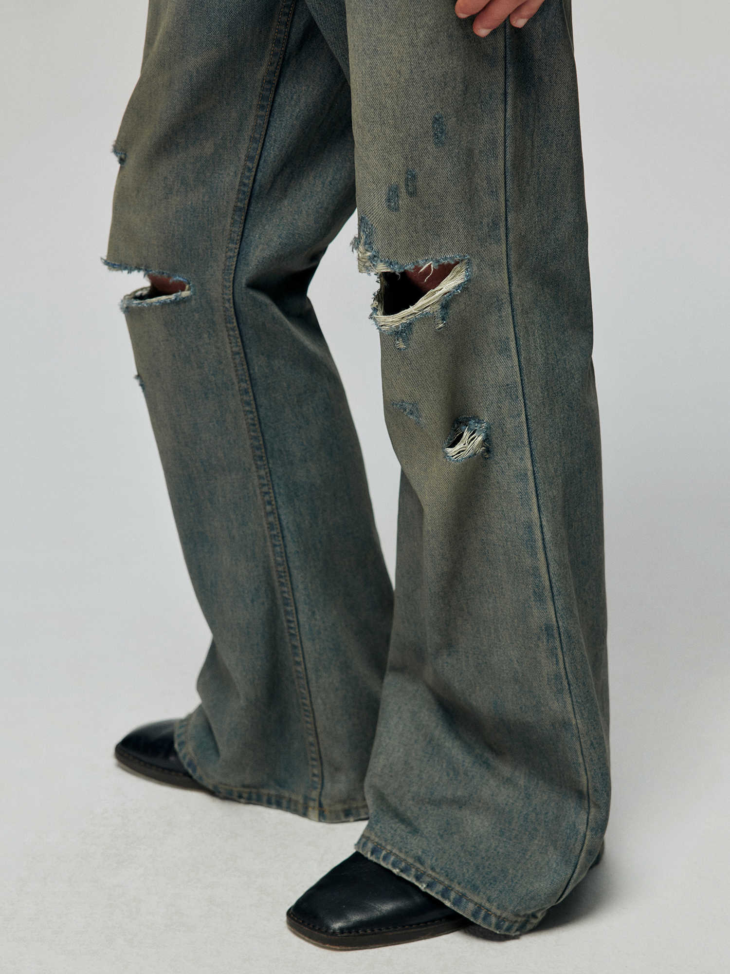 Cotton Washed Blue Retro Ripped Loose Micro-Flared Jeans Trousers