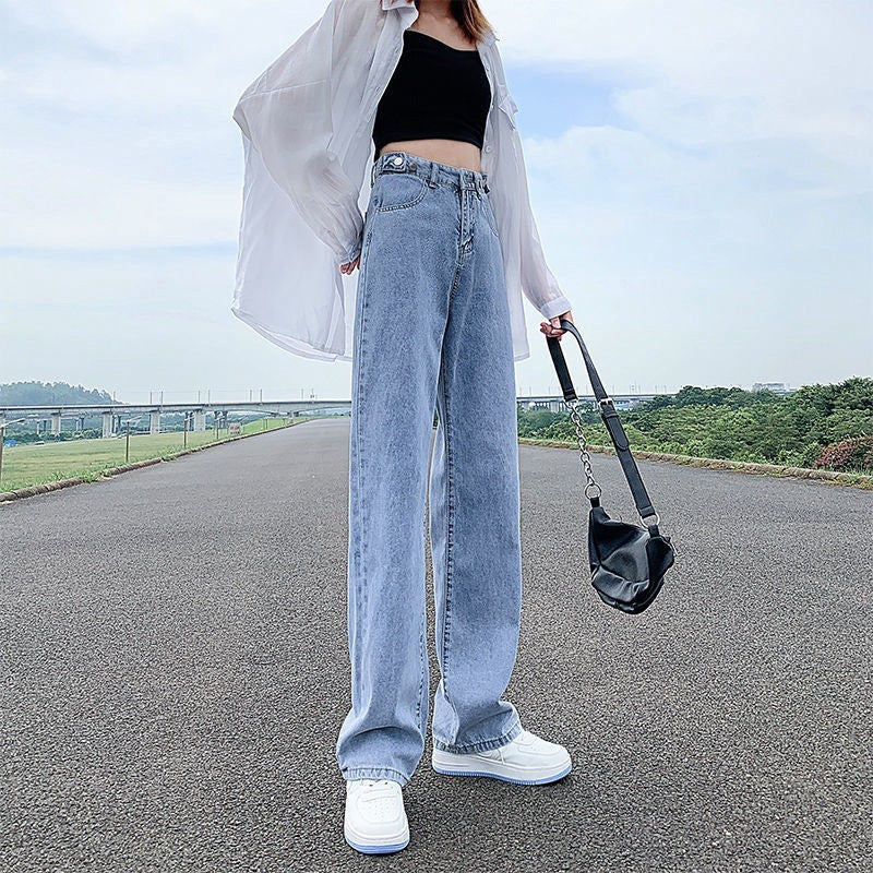 Women's Adjustable High Waist Straight Denim Jeans Loose Fit