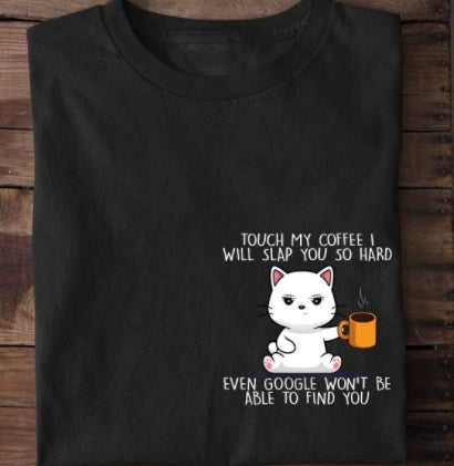 Cat Drinking Coffee Print Short-Sleeve Jersey in Grey & White Polyester