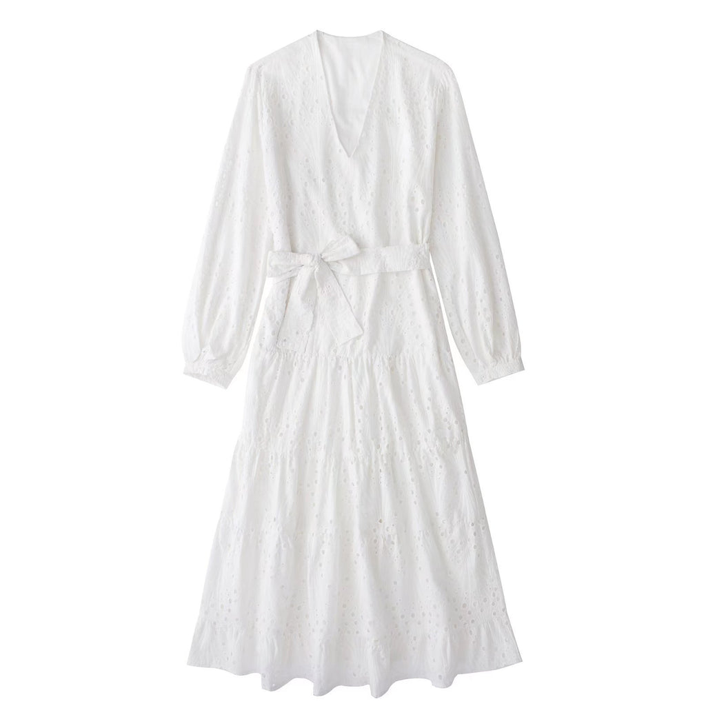 European & American White Cotton Embroidered Midi Dress with Long Sleeves and V-Neck