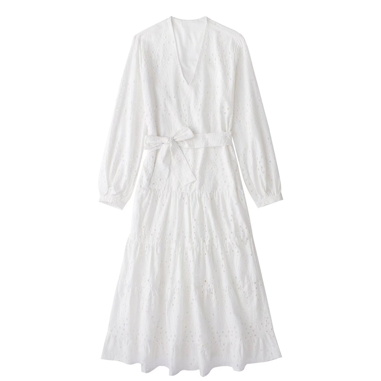 European And American Hollow Embroidered Midi Long Sleeve Dress