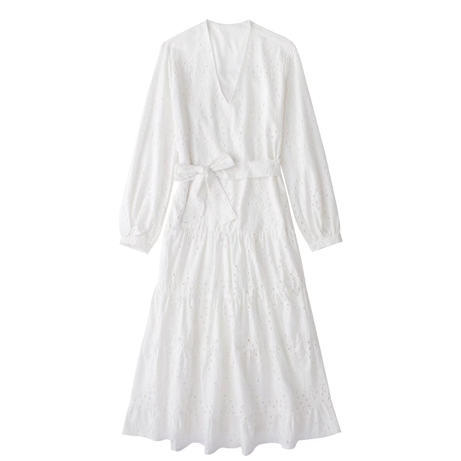 European & American White Cotton Embroidered Midi Dress with Long Sleeves and V-Neck