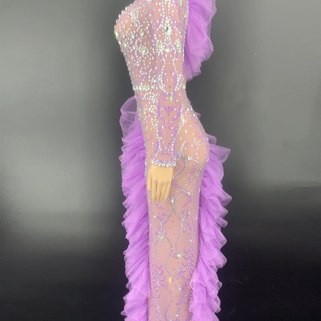 Women's Purple Diamond Slit Single Sleeve Pleated Tulle Dress