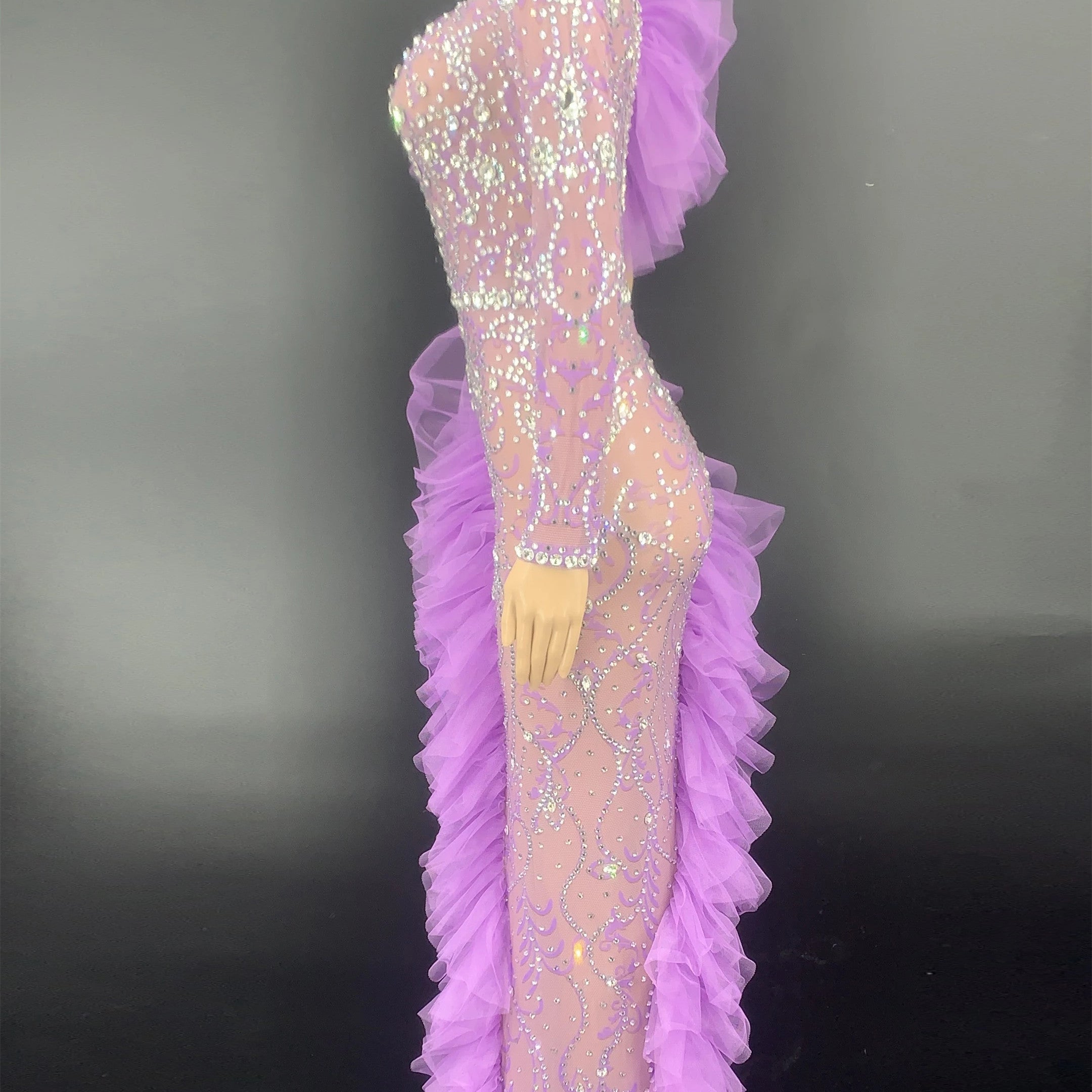Women's Purple Diamond Slit Single Sleeve Pleated Tulle Dress