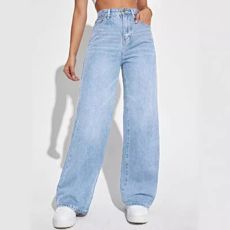 Ladies Light Blue High Waist Slim Straight Jeans