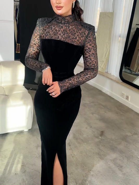 Black Lace Velvet Long Sleeve Bodycon Maxi Dress Two Piece Set