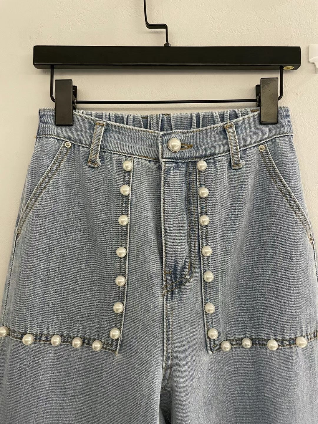 Light Blue High Waist Pearl Pocket Elastic Waist Cropped Jeans