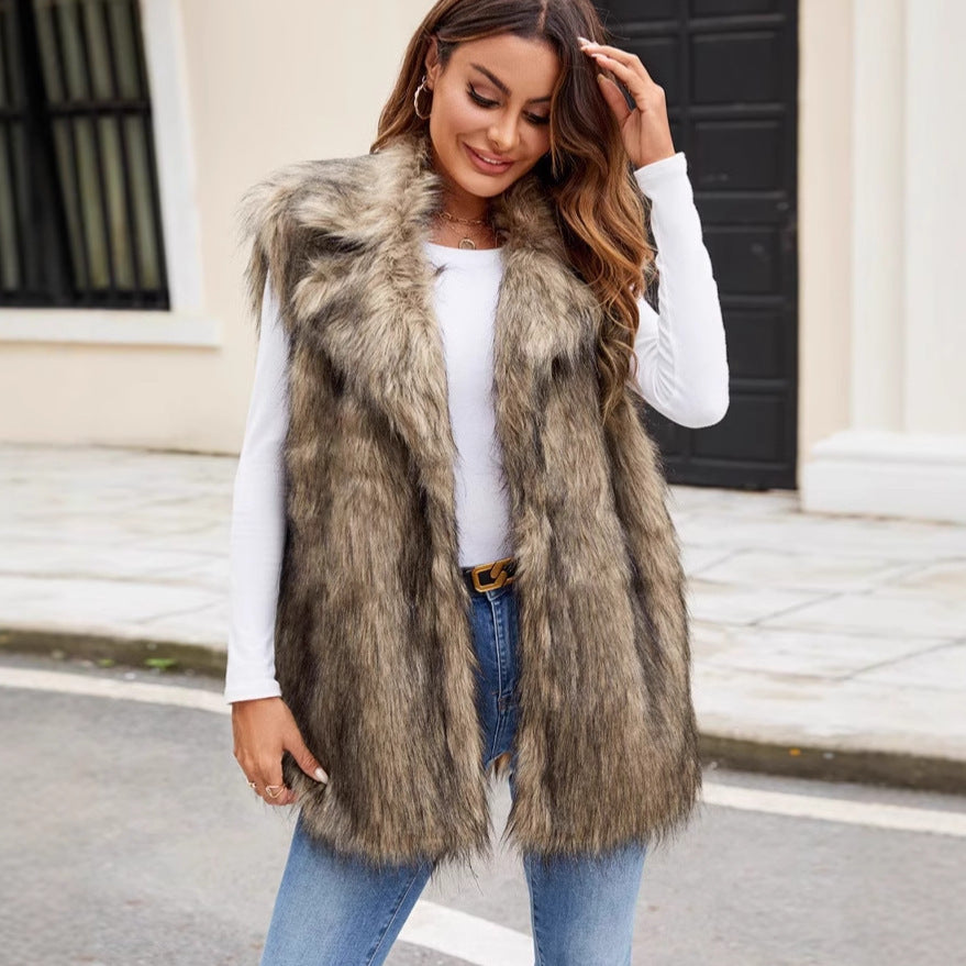 Gilet sans manches en fausse fourrure mi-longue pour femmes européennes et américaines