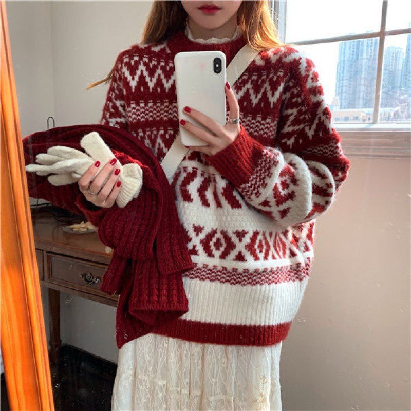 Loose Red Pullover New Year Sweater Top with Round Neck