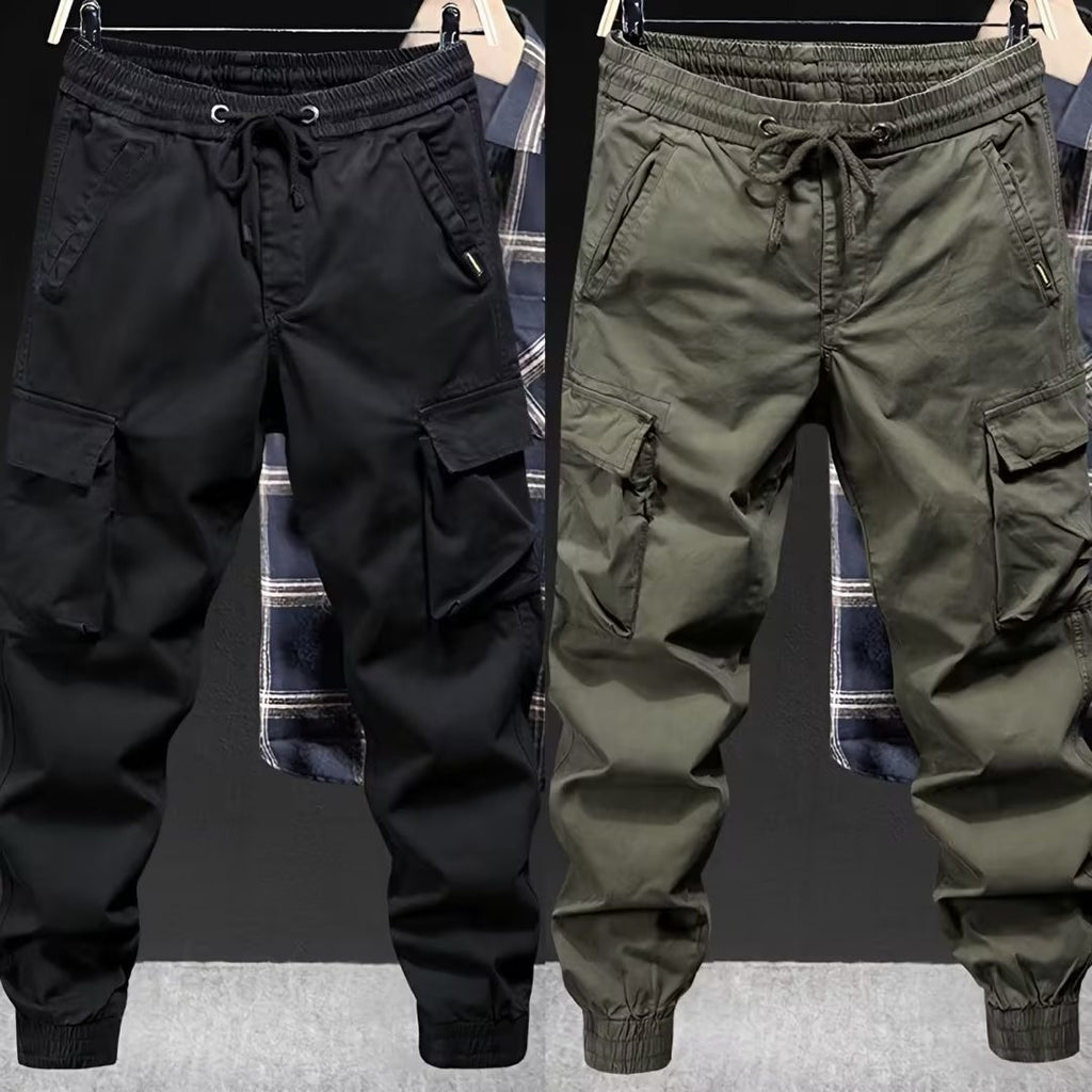 Loose Tapered Solid Color Cotton Overalls with Drawstring