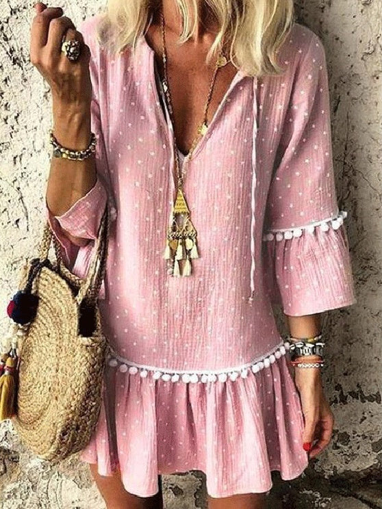 Polka Dot V-Neck Mid-Length Autumn Dress in Pink & Apricot