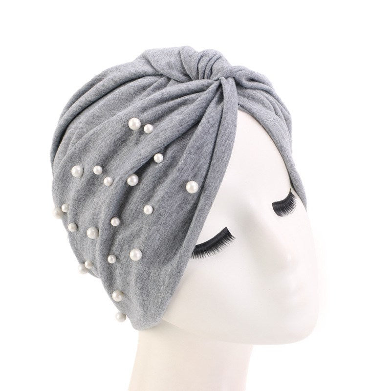Turban tricoté en coton musulman avec des perles cloutées pour le printemps, l'automne, l'hiver