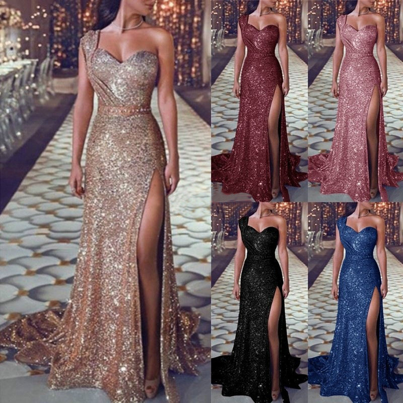 Women's One-Shoulder Sleeveless Bronzing Split Dress