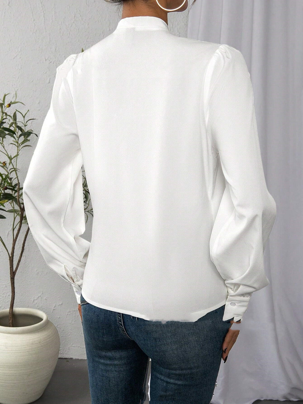 White Casual Long Sleeve V-Neck Shirt Top Polyester