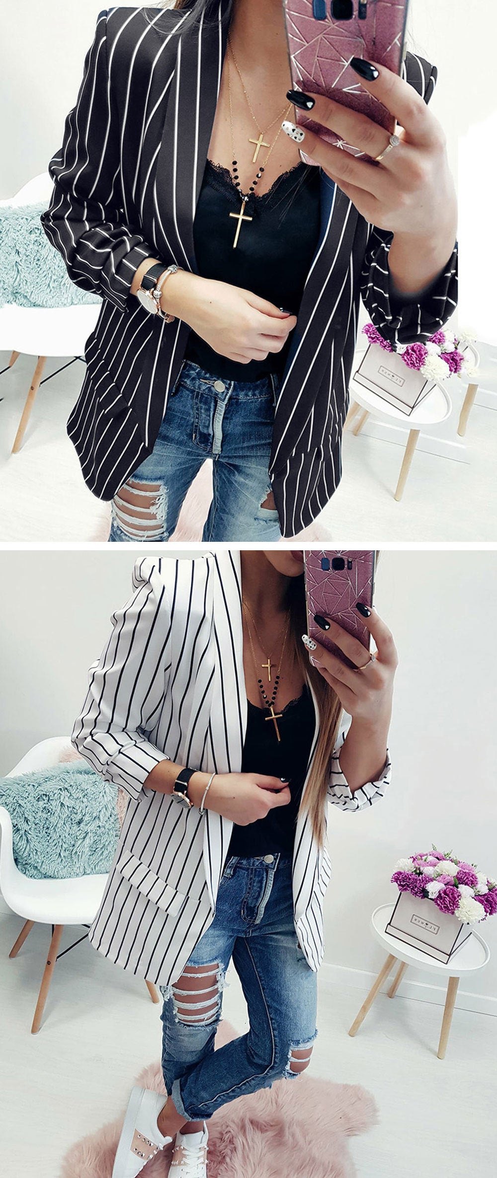 Blazer sexy à manches longues et à rayures, longueur moyenne en coton