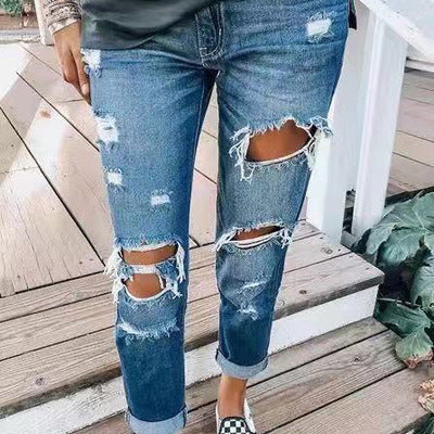 Jean denim bleu déchiré pour femme, taille mi-haute, pantalon crayon usé