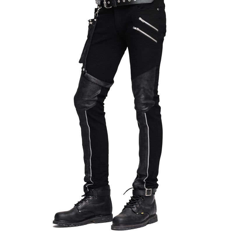 Stitching gear zipper leather pants black slim men's pant