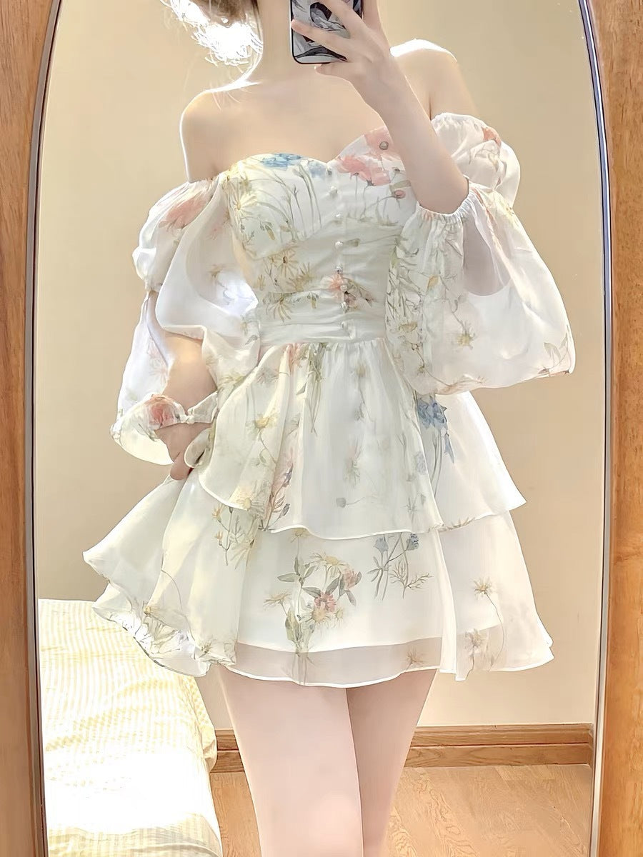 Puffy Waist-tight French Style Long Sleeve Floral Dress Women