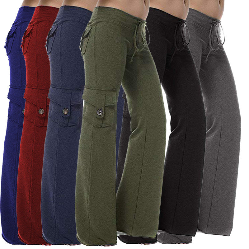 Women's High Waist Flared Cotton Pants with Multiple Pockets
