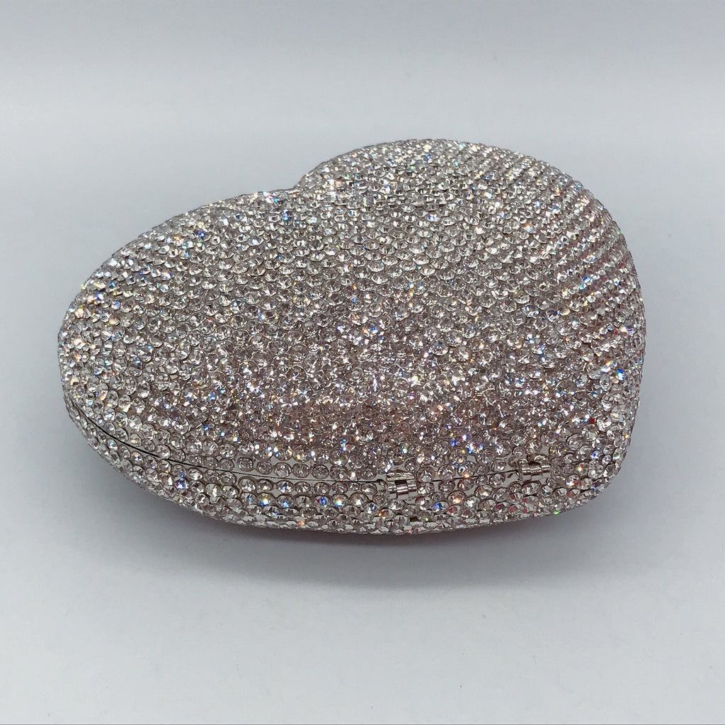 Pochette de Soirée Cœur en Cristal et Diamants – Rouge et Argent, 14x12x5cm