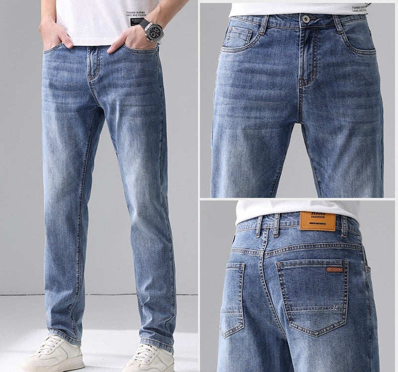 Men's Slim Fit Straight Jeans Mid Waist Cotton