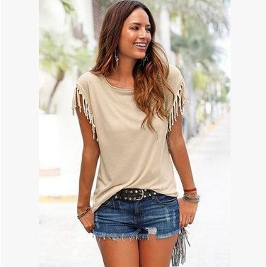 Ladies Big Size Round Neck Short Sleeve Tassel Cotton T-Shirt for US & Europe