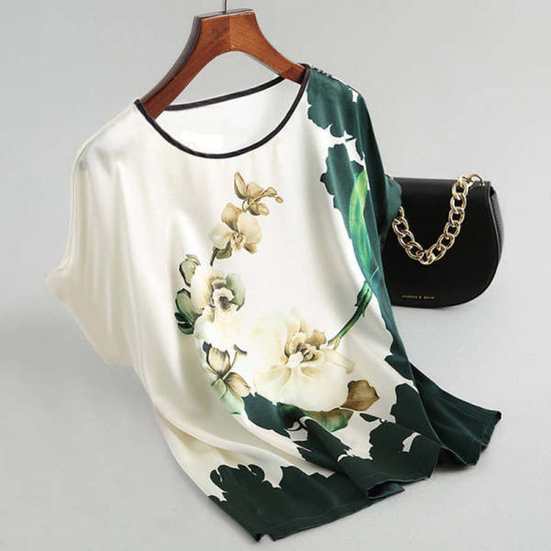 Ice Silk Printed Floral Chiffon Shirt for Women